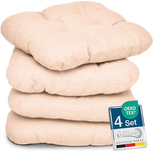 Beautissu Lisa Set de 4 Coussins 40x40 cm – Coussin de Chaise d'extérieur et d'intérieur 40x40 cm, Coussin Souple pour Les chaises de Jardin, Coussin en Mousse de 8 cm - Nature