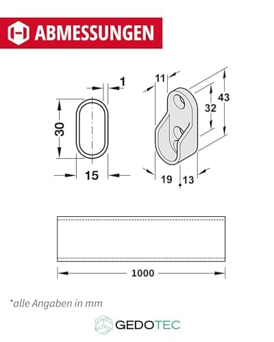 Gedotec Tringle à vêtements en métal - 1 000 mm - Tube de meuble avec support ovale - Gris titane - 1 pièce - Montage mural avec fixations de barre