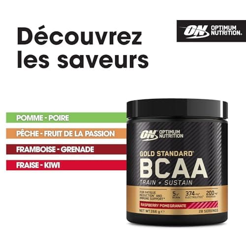 Optimum Nutrition Gold Standard BCAA Train + Sustain, poudre d'acides aminés pré-entraînement, boisson sportive, vitamine C, zinc, magnésium et électrolytes, sav. framboise & grenade, 28 doses, 266 g