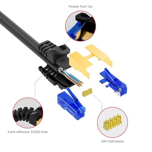 Mygatti 15 mètres CAT 7 Utilisation en extérieur Câble réseau Ethernet RJ45 à enfouissement direct,imperméabl,SSTP,Câble Ethernet 10 Gigabit,LAN et Patch,POE - Noir,avec 15 attaches de câble