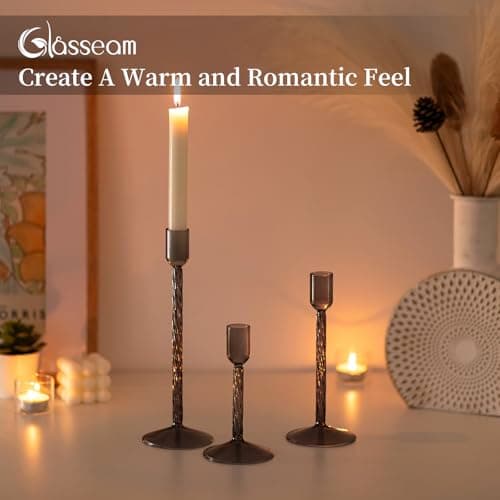 Glasseam Chandelier en Verre Bougeoir Noir : Set De 3 Bougeoirs DéCoration Bougeoir pour Bougie BâTon Moderne Bougeoir pour Bougie BâTon pour NoëL Salon Table DéCoration De Table
