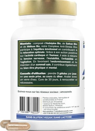Anti-stress BIO | Aubépine, Safran, Mélisse | Équilibre Émotionnel, Relaxation, Réduit la Tension Nerveuse | 90 gélules de 423mg | Fabriqué en France | Qualité Supérieure