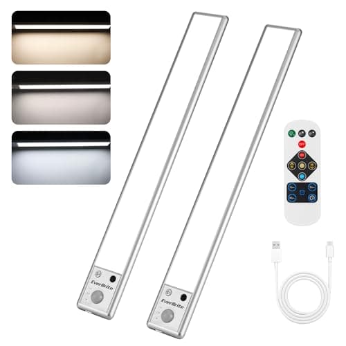 EverBrite Lampe Detecteur de Mouvement Interieur, Lampe de Placard 78 LED, Lumière Réglable 3000K/4000K/6500K, 3 Modes, Télécommande, Veilleuse Rechargeable USB pour Armoire, Cuisine, Salle de Bains