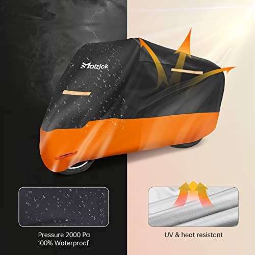 Maizjok Bache Moto Exterieur Etanche, Housse Moto Impermeable Interieur 210D Protection au Pluie poussière UV Hiver Été, Couverture pour Scooter Mobylette Moto Trail/Street/Scrambler (245x105x125cm)