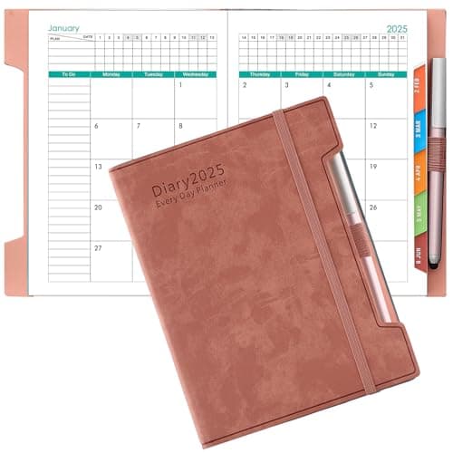 Agenda scolaire journalier 2025 de janvier 2025 à décembre 2025, 12 mois par page, format A5, couverture rigide, stylo, boucle pour stylo, autocollants (rose)