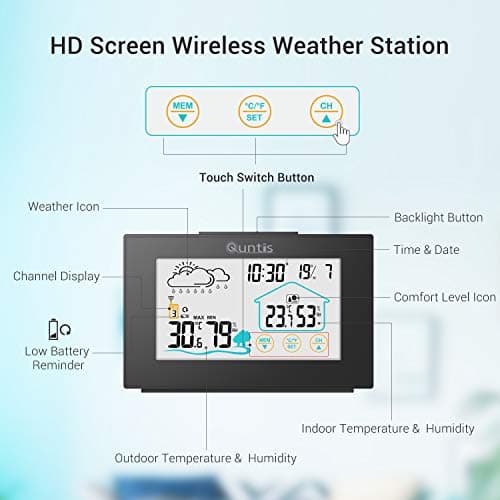Station Météo, Quntis Thermomètre Hygromètre 3 Canaux Sans Fil Intérieure Extérieure avec Ecran Tactile à Capteur Extérieur, Thermomètre Numérique avec Prévisions Météo, Heure, Réveil - Noir