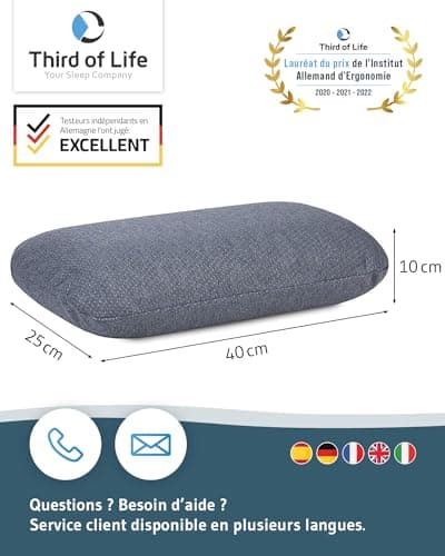 Oreiller Cervical de Voyage VOLAR Quickdry | Petit Coussin Cervical Ergonomique à mémoire de Forme | Housse avec Thermorégulation et à Séchage Rapide | Parfait pour Voyager et Le Camping | 40x25cm