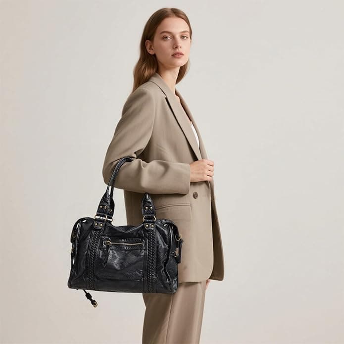 Sac a Main Femme Cuir PU, Sac a Main pour Les Cours Lycee College | Grand City Bag Vintage Noir, avec Bandoulière Réglable, pour École et Travail