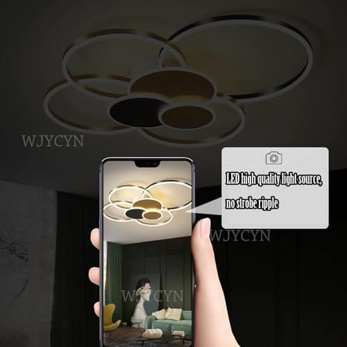 WJYCYN Dimmable Grand salon lampe LED 7Ring Blanc & Noir Plafonnier chambre à coucher modernes avec télécommandes Eclairage de plafond Métal Acrylique Plafonnier Bureau Salle à manger 7 flammes 100W