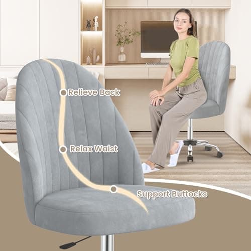 naspaluro Chaise de Bureau, Chaise de Coiffeuse en Velours, Chaise de Chambre sans Bras avec roulettes, Chaise de Bureau à Domicile, Chaise Souple Réglable en Hauteur pour La Chambre à Coucher,Gris