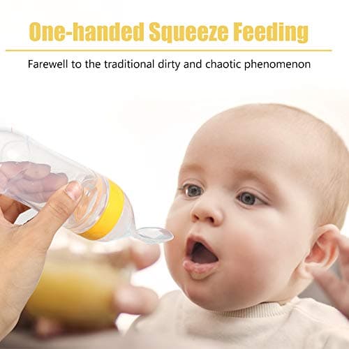 Baby Feeder Bottle, 1Pc 90 ml Silicone Baby Biberon Sans BPA Infantile Nouveau-né Toddler Fresh Food Cereal Squeeze Style avec une cuillère et une couverture hygiénique (Jaune)