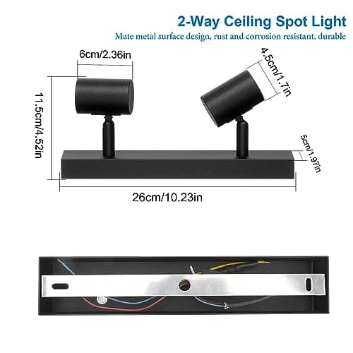 Klighten Spot Plafond E27, Vintage Plafonnier 2 Spots Noir Orientable, Luminaire Plafonnier Industrielle, Éclairage de Plafond Interieur pour Cuisine, Chambre, Salon, 26cm, Ampoule non Incluse