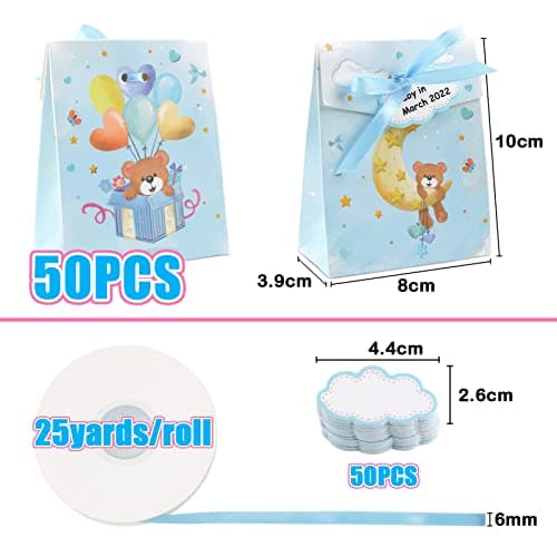 50Pcs Boîtes Baptême Cadeau Bonbonnière 8x4x10CM Sachets Mariage Ballotin Papier Coffret Faveur avec Ruban et Etiquette Cartes pour Décoration Anniversaire Garçon Fille(Bleu)