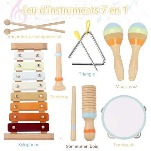 Joellfuner Instrument de Musique Bebe, Jouets Musicaux en Bois avec Xylophone, Triangle et Autre Instrument, 10 PCS Instruments Montessori, Bébé Batteries et Percussions Plus de 3+ Ans