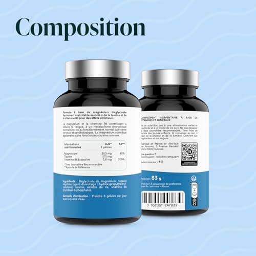 NOVOMA Magnésium Bisglycinate + Taurine & Vitamine B6, Haute Teneur 300mg /j, 120 gélules, Combat la Fatigue et le Stress, Mieux Absorbé que le Magnesium Marin, Fabriqué en France