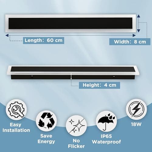 FTL LED 60CM Longue Applique Murale Exterieur 18W Applique Murale Rectangulaire,Blanc Chaud 3000K Noire Lumière Appliqu Murale Acrylique Luminaire Extérieur IP65 Étanche Éclairage Mural pour Jardin