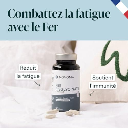 NOVOMA Fer Bisglycinate 14 mg + Vitamine C, Haute Absorption, Immunité & Anti-fatigue, Cure de 3 mois, Complément Alimentaire Fer breveté Ferrochel®, 90 Gélules Vegan, Fabriqué en France