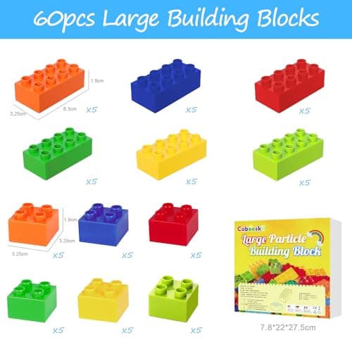 Cabeeskii Grand Jeu de Construction, 60 pièces de Briques en 6 Couleurs et 2 Dimensions, Compatible avec Duplo et Toutes Les Grandes Marques, Jouet idéal pour Les Enfants de 3 Ans et Plus.
