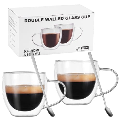 ALLOMN Lot de 2 tasses à café à double paroi, 250 ml, cappuccino, latte, macchiato avec poignée, résistantes à la chaleur, pour café, thé, lait, jus, crème glacée