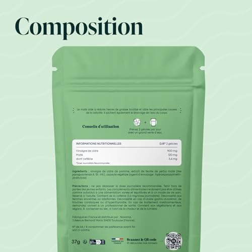 Vinaigre de Cidre avec Maté, Effet Coupe-Faim et Draineur Naturel pour la Perte de Poids, Avec Yerbé Maté, Cure de 1 mois, 60 Gélules, Fabriqué en France, Essentials by Novoma