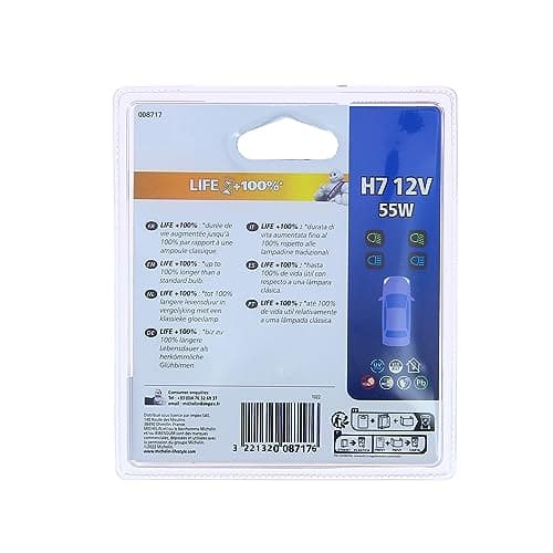 MICHELIN 2 Ampoules H7 LIFE+100% 55W, Lampes automobiles pour feux de route, de croisement et antibrouillard, Longue durée de vie, Argent