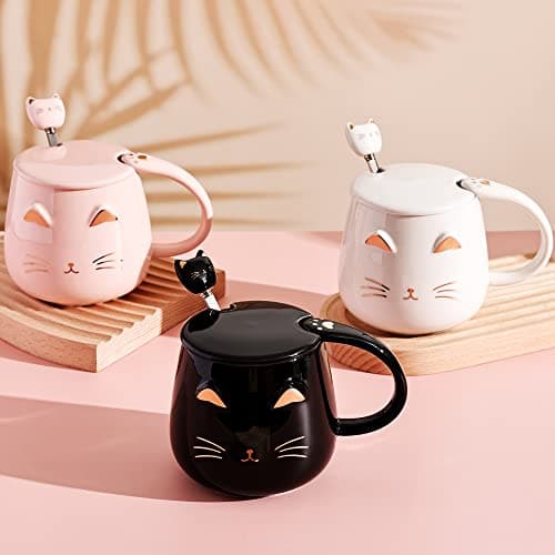 SHENDONG Tasse chat blanc Jolie tasse à café en céramique avec couvercle et cuillère Kawaii Nouveauté Morning Cup Tasses à café- Animaux 3D Tasses de chat pour les amoureux des chats Femmes Cadeaux