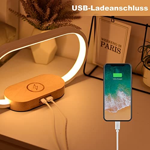 Lampe de Chevet Chargeur sans Fil, Tactile avec Port USB, Chargeur Induction avec L'horloge, Lampe de Table avec 3 Modes de Couleur et Intensité Variable, Bois&Blanc