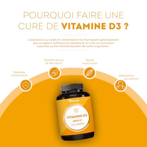 Vitamine D3 | 2000 UI | Défenses naturelles, immunité | Haut dosage | 1 an | Fabriqué en France | Vitavea