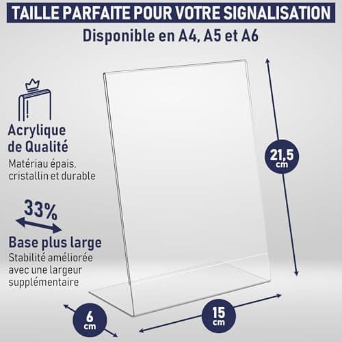 Supports de panneau en acrylique à dos incliné A5 - Cadre photo transparent pour panneaux, brochures, dépliants, menus, affichage - Tableau à message en Plastique (A5 - Lot de 6)