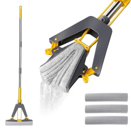 Masthome Balai Eponge Absorbant avec Essoreuse Intégrée, Balai Serpillière avec 3 Réutilisables PVA éponge Head, Poignée Réglable de 130 cm, Serpillière éponge pour Nettoyage Sols