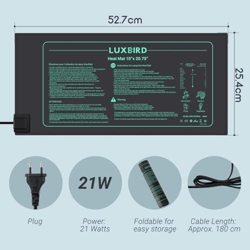 Luxbird Tapis Chauffants pour Plantes 21W, Tapis Chauffant Chauffage Doux pour Germination et Croissance Intérieure, Imperméable IP67, 52 x 25 cm Pour Semis, Reptiles, LB-HM21W