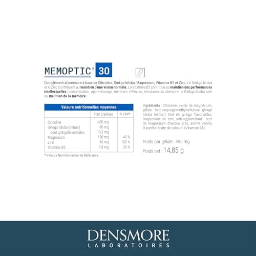 Densmore - MEMOPTIC Complément Alimentaire Mémoire et Vision à base de Citicoline - Ginkgo biloba Magnésium Vitamine B5 Zinc - 30 comprimés - Cure de 1 mois - Fabriqué en France