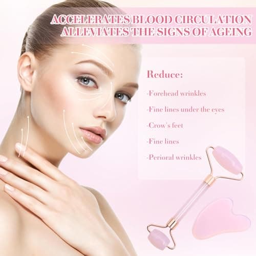 VEGCOO Quartz Rose Rouleau Gua Sha Kits, Jade Roller Visage et Pierre de Guasha, Massage pour Visage Cou Corps Muscles