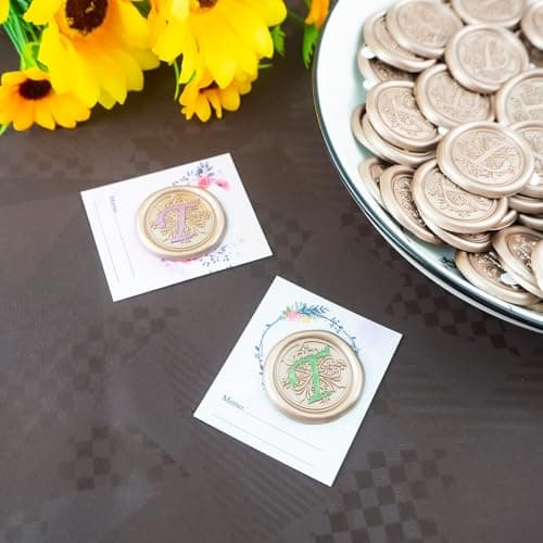 Zifospy cire cachet, Lot de 50 autocollants scellage en or champagne pour invitation de mariage, Noël, emballage de cadeaux, fête, idéal pour sceller les enveloppes(Letter T)