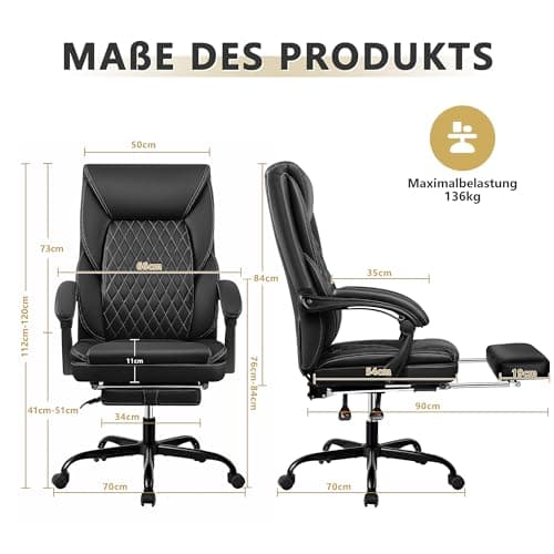 BestEra Chaise de bureau, grande et haute, avec repose-pieds, ergonomique, en cuir, avec dossier réglable et support lombaire (noir)