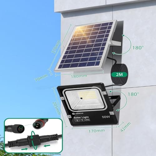 Aigostar - Projecteur Solaire LED d’extérieur avec Panneau Solaire,50W,Dimmable 3000/4000/6500K,5000mAH,Batterie de Grande Capacité,IP66,Lampe Solaire exterieur avec Télécommande,2M Câble,pour Jardin