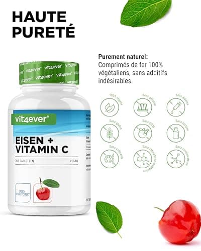 Fer - 365 comprimés avec 40 mg de fer pur + vitamine C naturelle - Matière première de qualité supérieure : bisglycinate de fer (chélate de fer) - Hautement dosé - Végétalien