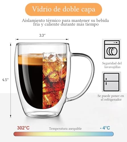 Buumin Lot de 4 Tasses en Verre à Cappuccino, 350ml Verres Double Paroi, Tasses à Café en Verre Isolées avec Poignée, Verres Transparent pour Latte, Thé, Jus, Lait, Boissons Chaudes Froides(4x350ml)