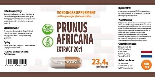 Pygeum Africanum 20000mg Equivalent (100mg d'extrait 20:1) 90 Capsules végétaliennes, Haute résistance, standardisé à 13% de phytostérols, High Strength, Sans Gluten, Sans OGM