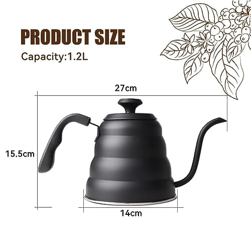 EFUTURETIME Bouilloire Noire Col de Cygne Inox Gaz, Theiere 1.2 L avce Thermomètre, Gooseneck Kettle pour Gaz, Induction avce Poignée Résistante à la Chaleur