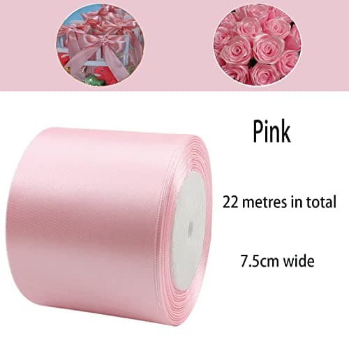Ruban Satin Rose Gros 75mm, 23m Polyester Ruban Satin, Ruban Cadeau Emballage, Ruban Noel Ruban Tissu pour Couture, Nœuds, Artisanat, Bouquet, Décoration de Mariage, Voitures, Anniversaire, Gâteau