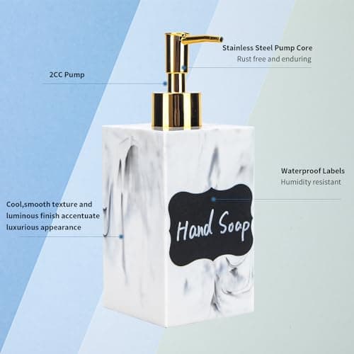 Dispenseurs de Luxe Fini Marbre - 500ml, Lot de 2 avec Pompes Dorées & Étiquettes Étanches - Idéal pour Comptoir, Douche, Rangement de Shampoing, Savon, Lotion - Blanc