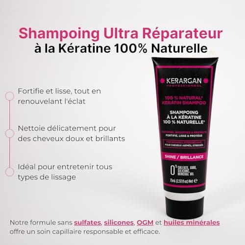 Kerargan - Shampoing Ultra Réparateur à la Kératine Pour Cheveux Abîmés et Stressés - Fortifiant, Lissant et Protecteur - Sans Sulfate, Paraben et Silicone - 75ml