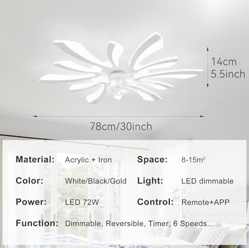 78cm Ventilateur de Plafond avec Lumière et Télécommande Grand Luminaire Ventilateur Plafond Dimmable 6 Vitesses DC Réversible été/hiver Plafonnier Ventilateur Silencieux pour Chambre Salon,Blanc