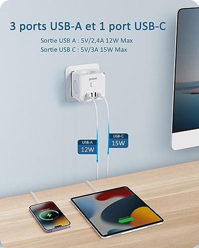 LENCENT Multiprise, 7 en 1 Murale Prise avec Multiple Secteur USB