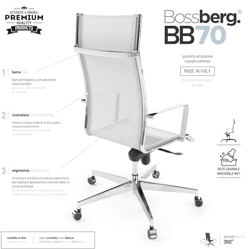 Bossberg BB70 Chaise de Bureau Ergonomique Blanche - Fauteuil Bureau Ergonomique avec Chaise avec Accoudoirs - Chaise Pivotante Design Italien