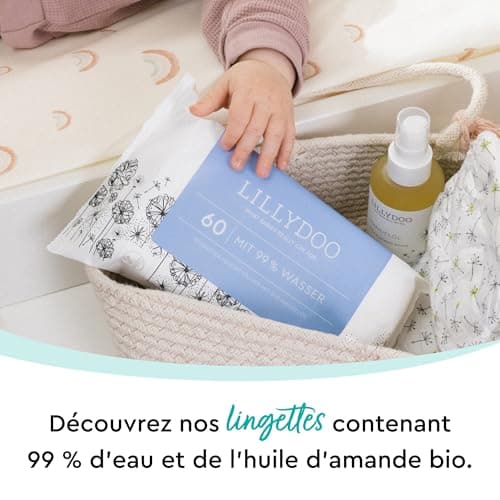 Lingettes LILLYDOO pour bébé faites à 99% d'eau, Lot de 10 x 60 (600 lingettes), lingettes 100% sans plastique, sans parfum et douces comme du coton et de l'eau