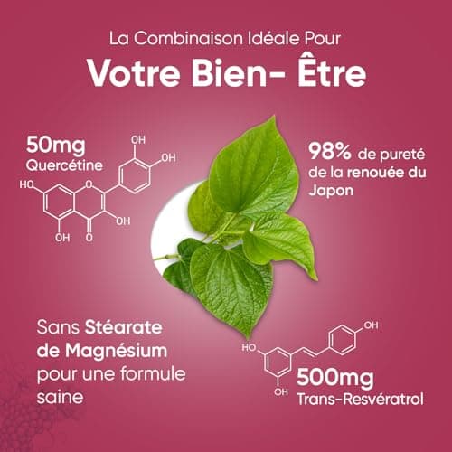Trans Resveratrol (98%) avec Quercétine 550mg, 120 Gélules Vegan pour 4 Mois Source de Vitamine C, Resveratrol Polyphenols Renouée du Japon avec Sophora Japonica sans Stéarate Magnésium