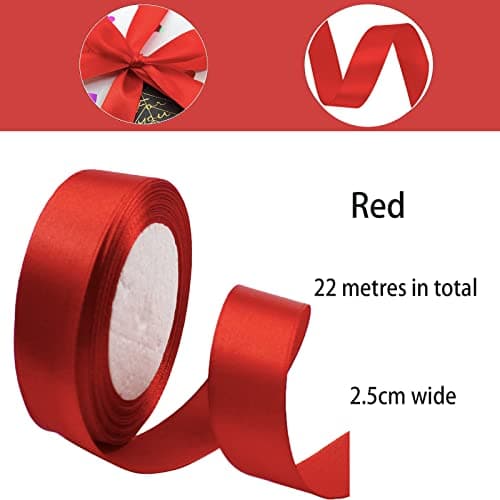 POPOYU Ruban Satin 25mm, 23 mètres Rouge Rubans de Tissu pour Emballage des Cadeaux pour Fête Noël Halloween, Artisanat, Bouquets, Projets de Couture, Anniversaire et Mariage Gâteau Décoration