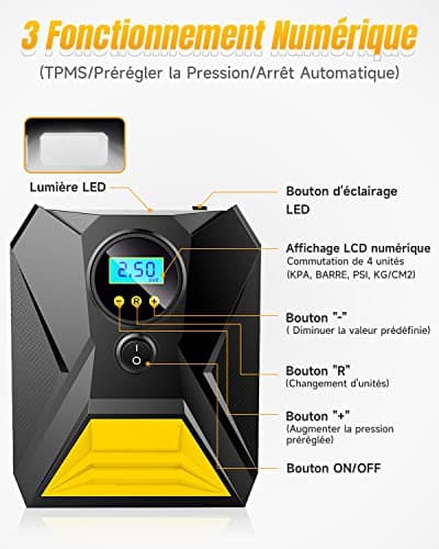 Gemokrt Gonfleur Pneus Voiture, 12V Compresseur À Air Portatif avec Fonction Mémoire, 3 Adaptateurs de Buses, Gonflage Rapide Compresseur pour Vélo